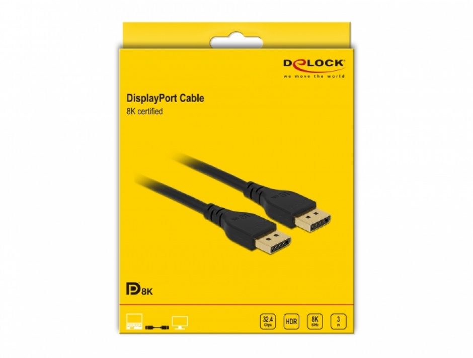 Imagine Cablu Displayport 8K / 4K@ 240Hz (DP 8K certificat) T-T 3m Negru, Delock 85911